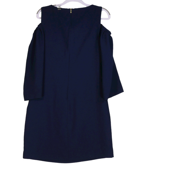Trina Turk Mini Dress Dark Blue Small Cold Shoulders Long Sleeves Shift Evening - Picture 7 of 8